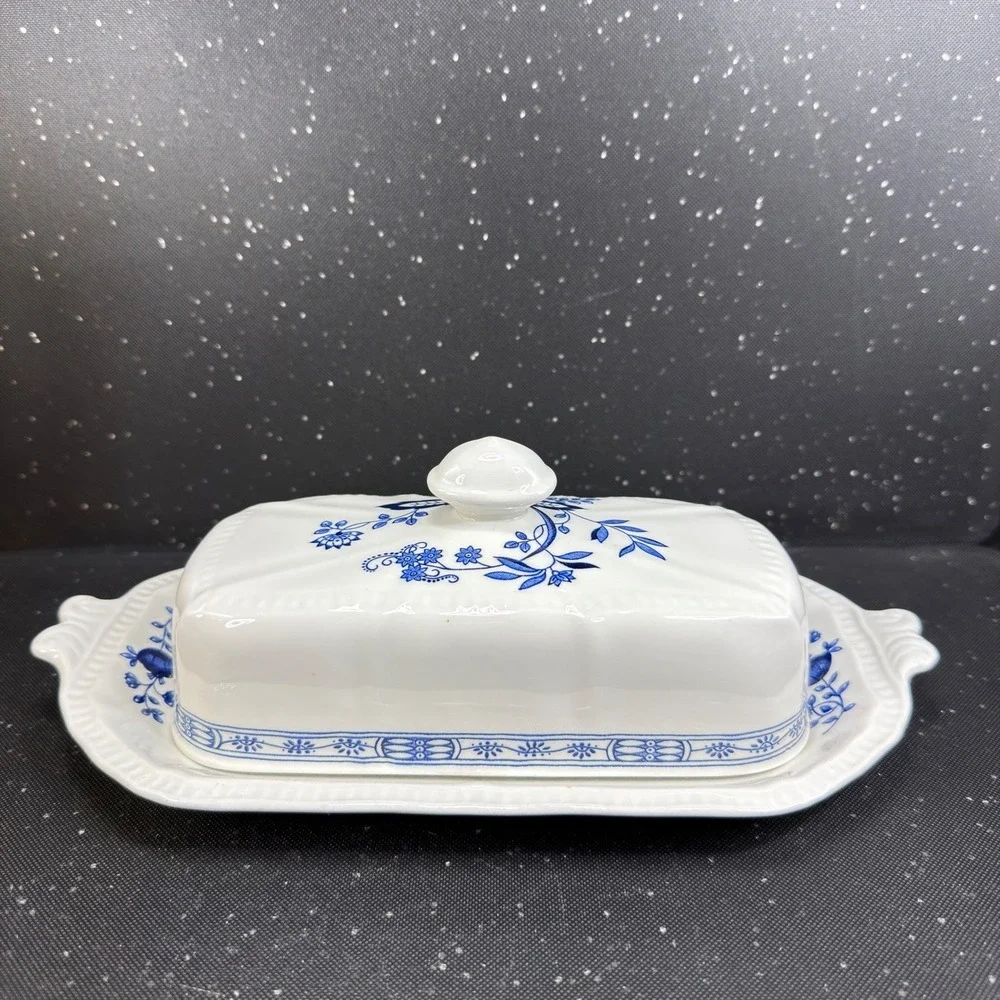 Kensington Staffordshire Ironstone Blue Onion Butter Dish Handcrafted England